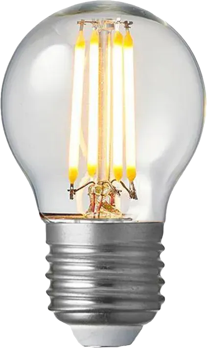 An incandescent festoon bulb with exposed warm filaments and a screw fitting
